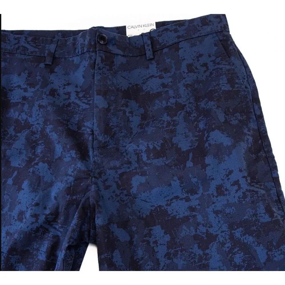 Calvin Klein Twill Chino Shorts | Mens 34, Blue Black Camo Print NWT